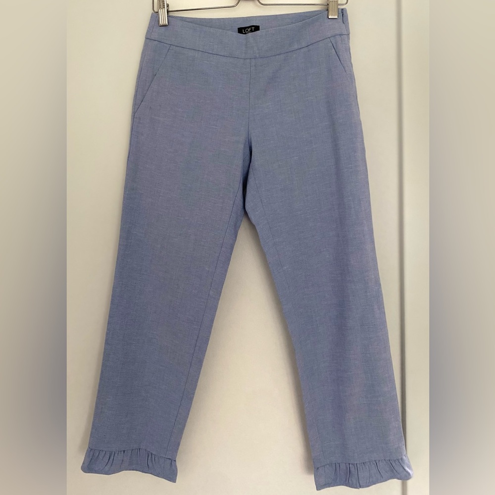LOFT Petites Cropped Blue Work Pants with ruffle